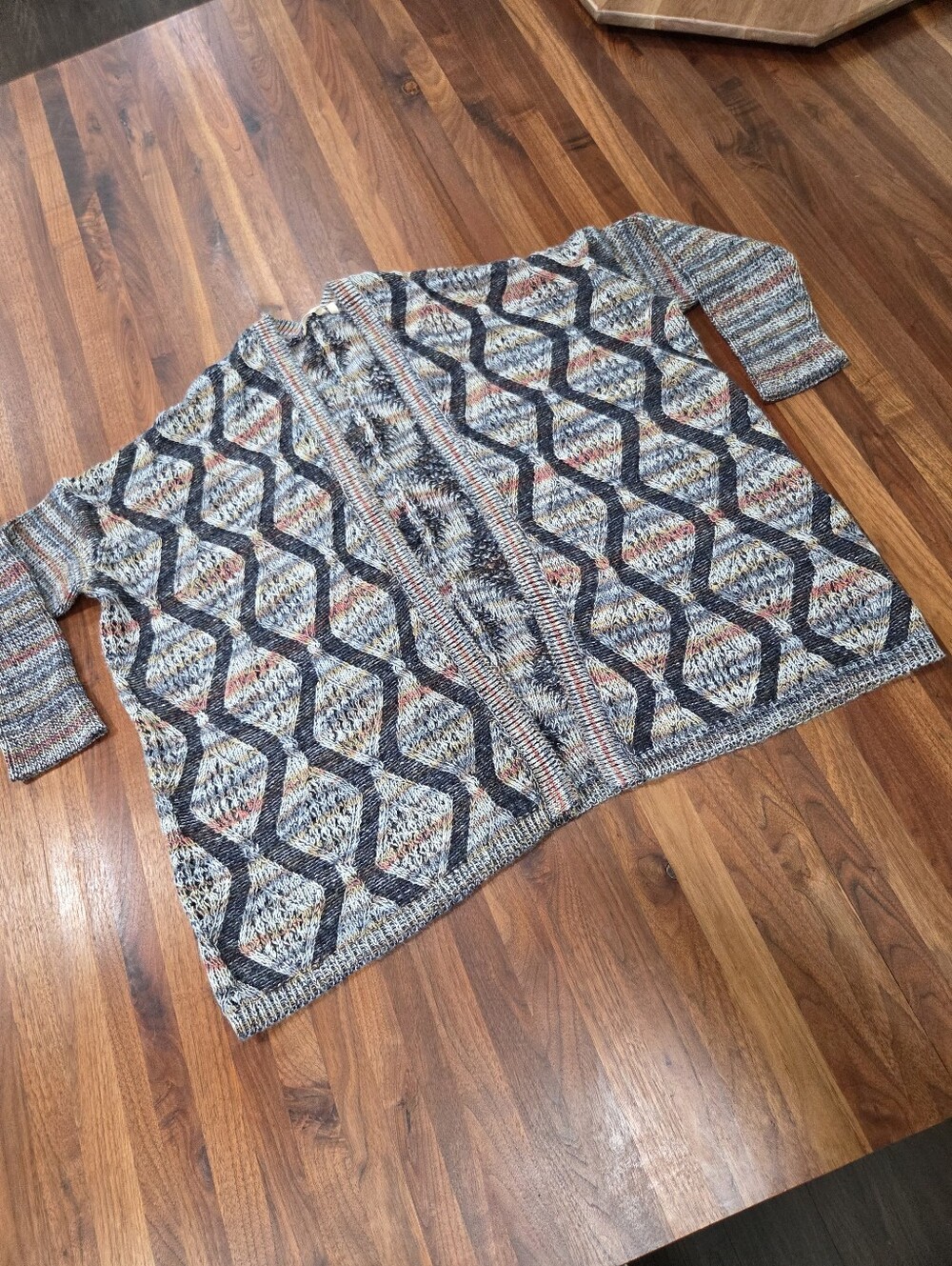 Soft Surroundings Open Front Geometric Knit Cardigan Cotton Wool Blend One Size